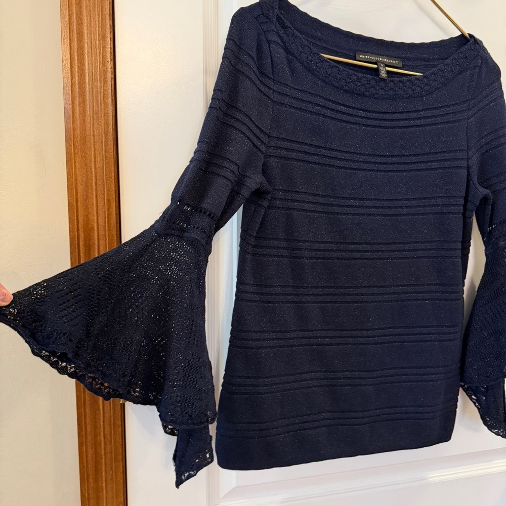 White House Black Market Midnight Blue Sparkle Sweater W/Bell Sleeves